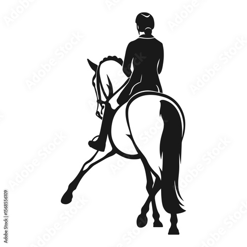 Equestrian rider performing half pass on horse in black and white illustration