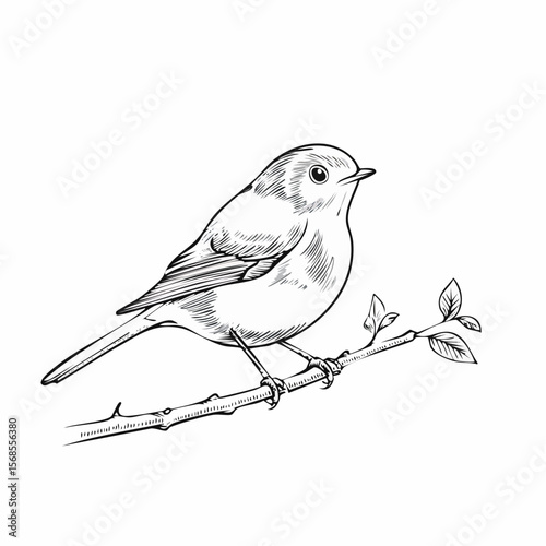 European Robin Perched on a Branch in Spring Nature Image vector isolated on white background.