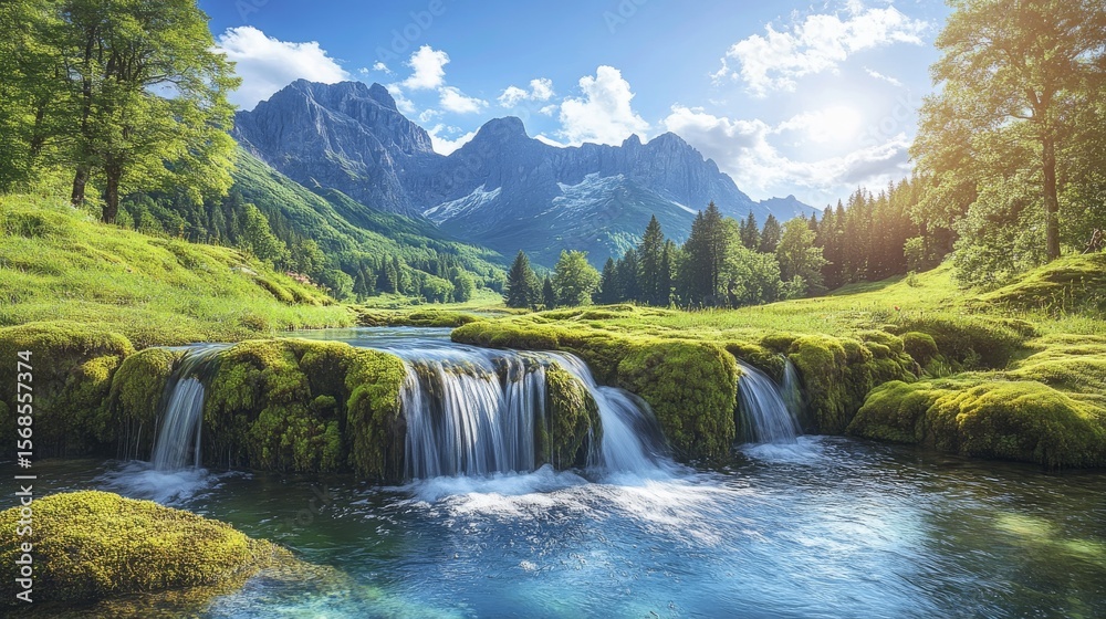 Fototapeta premium Lush alpine valley with cascading waterfalls and towering mountains.