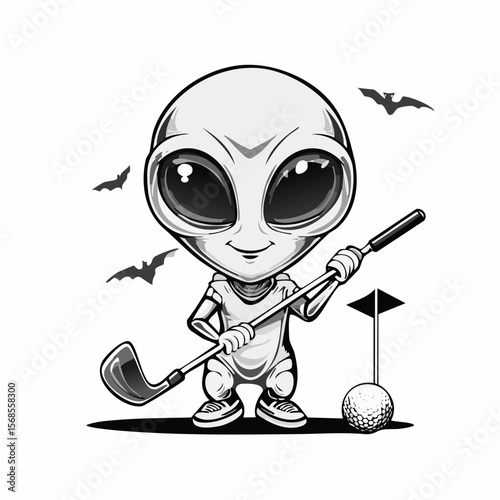Adorable Alien Enjoying a Fun Game of Golf on a Bright Day in Vector Illustration