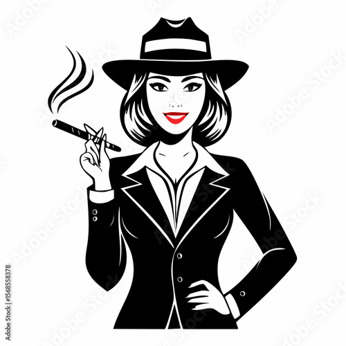Mafia boss with cigar in black and white vector image on white background.