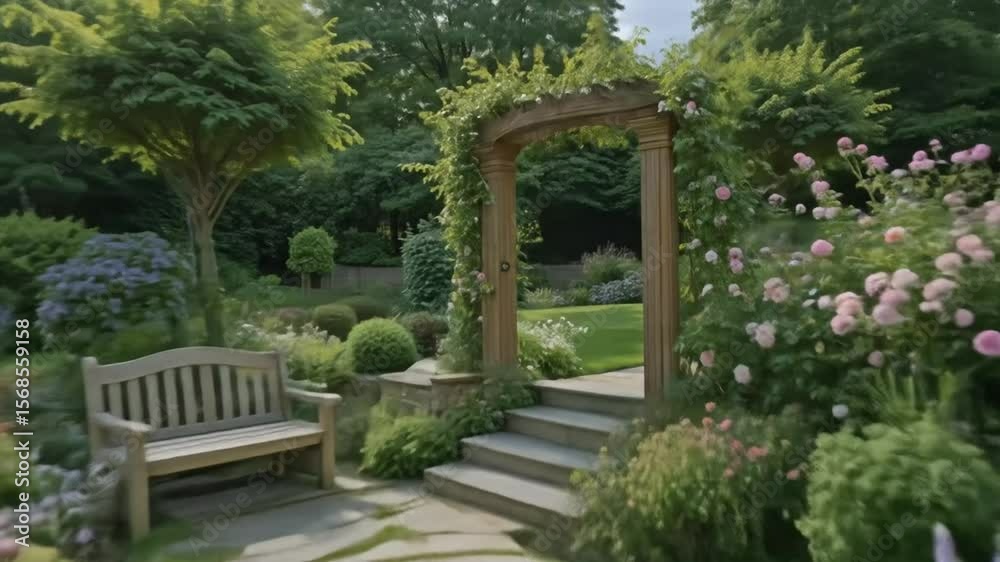 Garden path with stone steps and blooming flowers in a beautifully manicured backyard, creating a beautiful and tranquil outdoor space with a bench. 4k video Garden path with stone steps and blooming flowers in a beautifully manicured backyard, creating a beautiful and tranquil outdoor space with a bench. 4k video