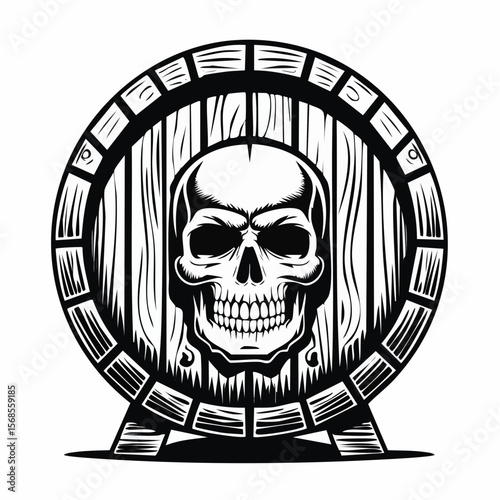 Wooden Beer Barrel with Human Skull Illustration in Dramatic Black and White Vector Artwork