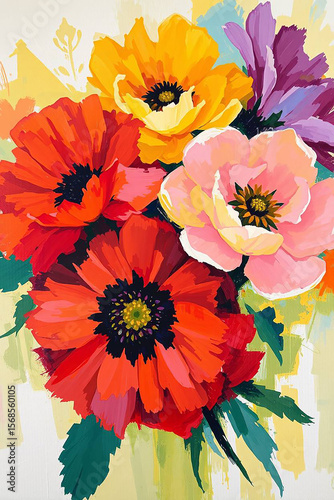 Vivid artistic background featuring expressive acrylic-painted flowers. A bold and colorful composition