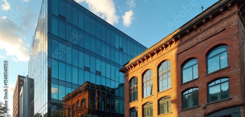 Contrast between modern glass building, old brick structure urban development, architectural contrast. Sunlight reflects on blue glass facade, cityscape. Historic building features arched windows.