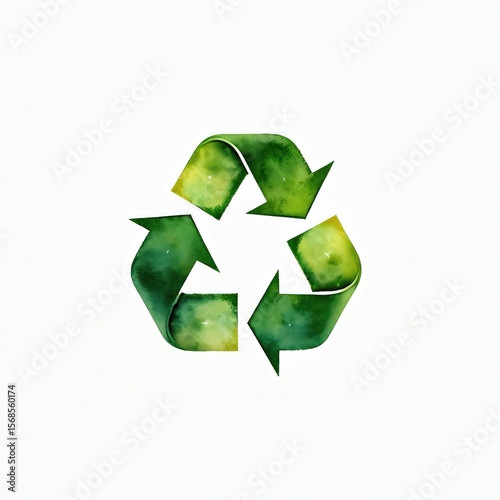 Green watercolor recycling symbol on clean white background. Isolated eco-friendly icon represents reuse, sustainability, waste management. Simple minimalist design for environmental awareness