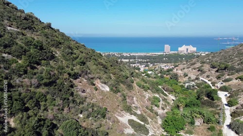 Aerial footage of Nahal Siah, famous hiking route on mount Carmel inside mediterranean city Haifa, Israel