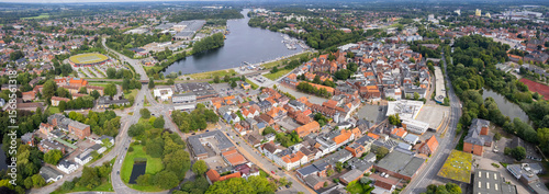 Aerial view of the old town of the city Rendsburg in Germany on an sunny spring afternoon
