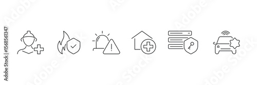 Set of public services lined icon collection. Healthcare, emergency services, utilities symbol.