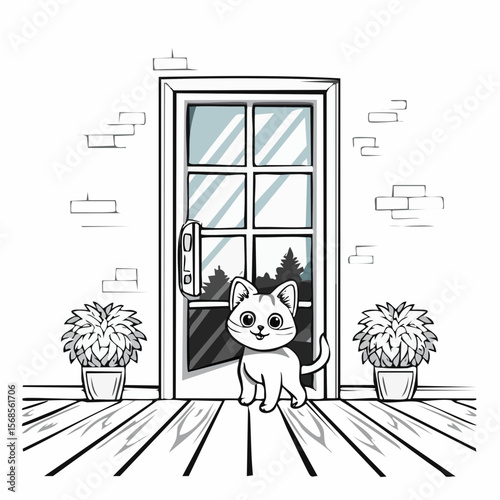 Curious Kitten Trying to Enter the House in Front of a Glass Door Vector