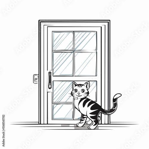 Curious Kitten Trying to Enter the House in Front of a Glass Door Vector