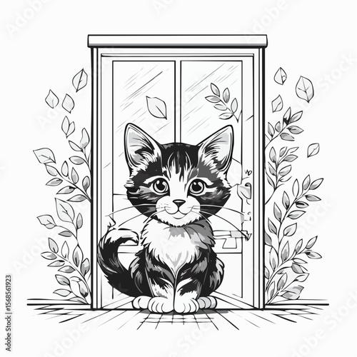 Charming Kitten Sitting in Front of a Glass Door, Hoping to Enter image vector