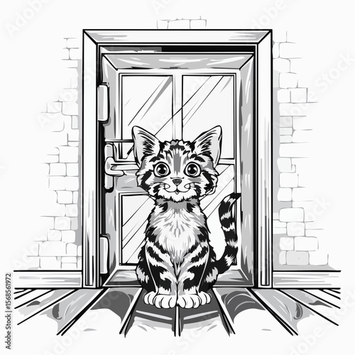 Charming Kitten Sitting in Front of a Glass Door, Hoping to Enter image vector