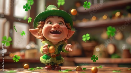 Smiling leprechaun surrounded by clovers and golden spheres in a warm kitchen setting