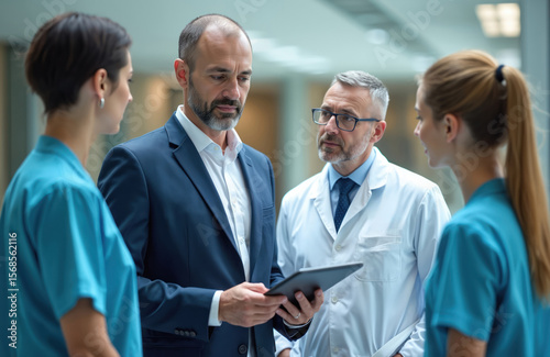 Pharmaceutical sales representative in suit, doctor in lab coat, two nurses in scrubs in hospital corridor. They use tablet for business talk, discussing medical technology, healthcare innovation.