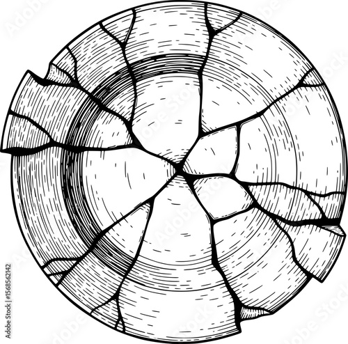 Vintage engraved illustration of broken ceramic plate with cracks hand-drawn style