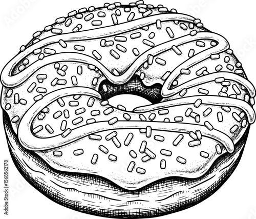 Hand-drawn donut with frosting and sprinkles ink illustration hand-drawn style