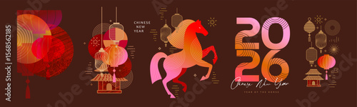 2026 Horse Year Set. Abstract modern vector illustrations of Chinese New Year designs for 2026, Year of the Horse. Lanterns, horse, house and traditional elements for icons and print