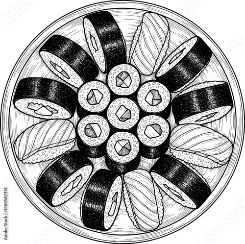 Vintage Japanese sushi rolls circular arrangement illustration hand-drawn style