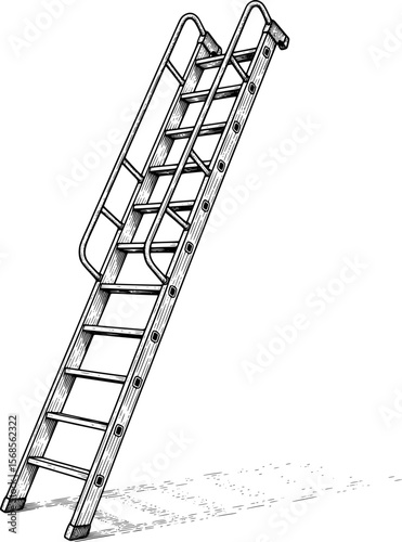 Engraved metal ladder leaning sideways illustration hand-drawn style