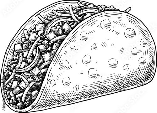 Hand-drawn engraved taco with visible filling illustration hand-drawn style