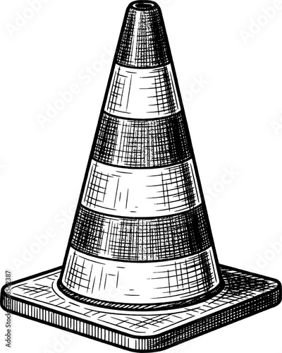Hand-drawn traffic cone with rough engraving texture hand-drawn style