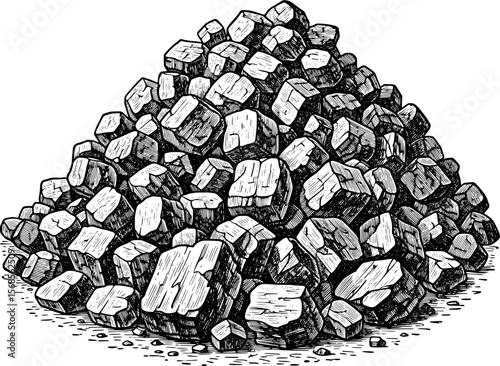 Vintage engraved illustration of coal rocks pile hand-drawn style
