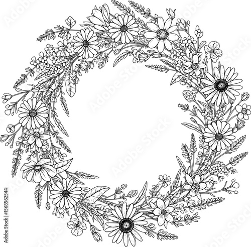 Vintage botanical wreath of wildflowers engraving hand-drawn style