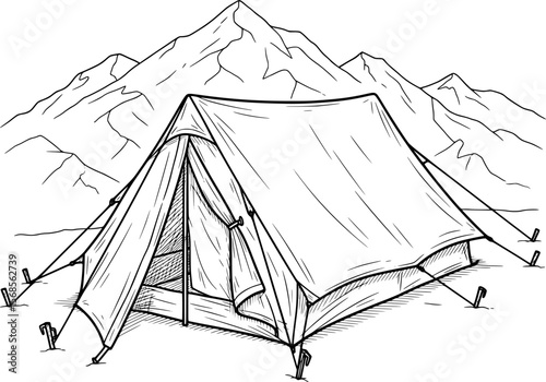 Mountain camping tent detailed monochrome illustration hand-drawn style