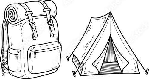 Backpack and tent camping icons line art hand-drawn style