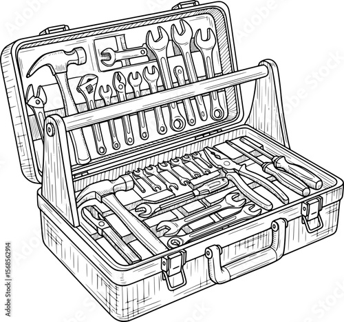 Toolbox with open lid detailed sketch hand-drawn style