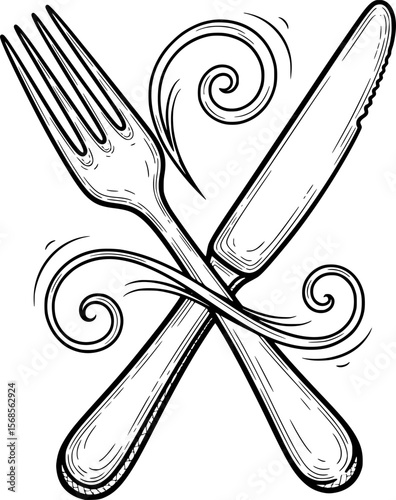 Crossed fork and knife with decorative swirl hand-drawn style