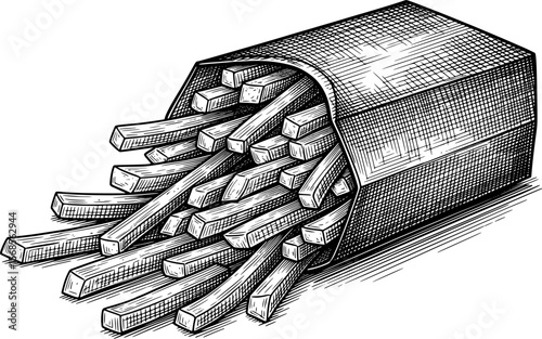 French fries box spilling out engraving hand-drawn style