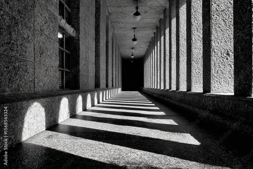 Obraz premium Shadows and light play along a corridor with towering columns in a historic building during midday