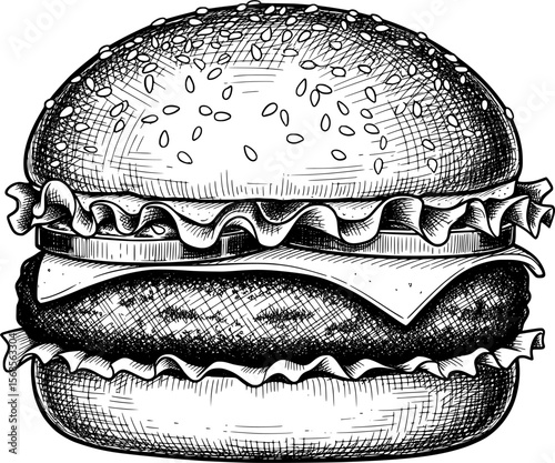 Vintage burger with sesame seeds  hand-drawn style