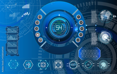 Digital dashboard displaying analytics and data visualization in a futuristic design with blue tones and interactive elements.