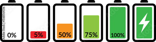 Collection of power level indicators for apps and user interfaces Battery charge symbols, 0-75% and charging, on transparent background