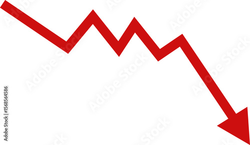 Red downward arrow chart for stock market crash on transparent background, Financial loss concept