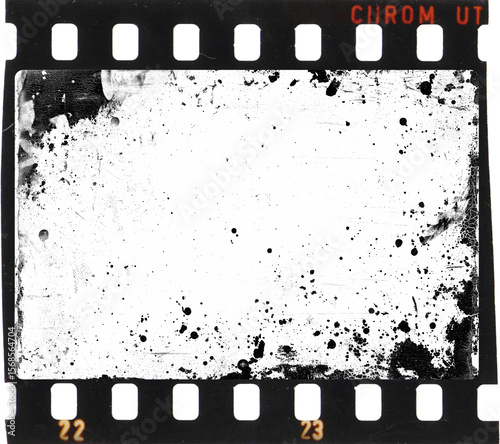 35 mm film frame with dust, scratches and black splatters on transparent background (png image). Useful for art design, vintage film effects, and backgrounds	
