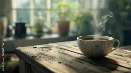 Warm Coffee Cup Resting on a Rustic Wooden Table in a Cozy Sunlit Kitchen With Plants in the Background. Generative AI
