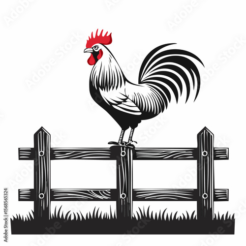 Rooster Perched Upon Farm Fence image vector isolated on white background.
