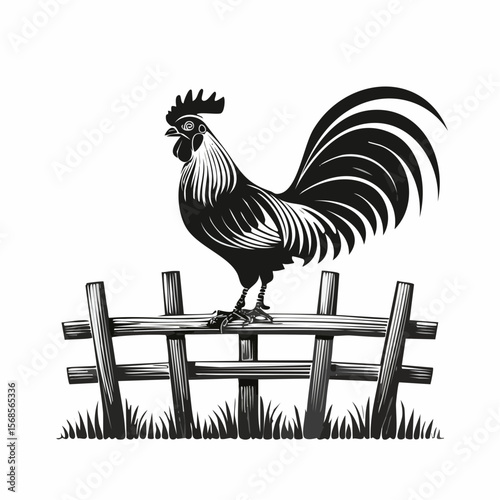Rooster Perched Upon Farm Fence image vector isolated on white background.