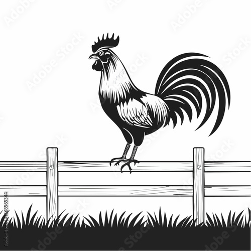 Rooster Perched Upon Farm Fence image vector isolated on white background.