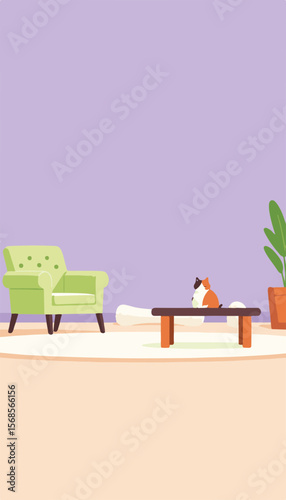 Cozy pastel living room with plush armchair, pet cat on coffee table, minimalistic purple and lime background, concept of home comfort and relaxation.