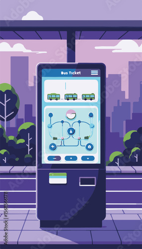 Modern bus ticket machine displaying animated routes in a geometric purple and lime urban skyline, concept of urban transportation technology.