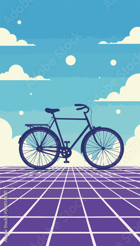 Bicycle resting against a purple and lime grid background, symbolizing global connectivity and expansive freedom, minimalist design concept of mobility and rental services