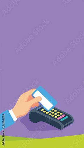 Hand inserting digital ticket into card reader, colorful minimalistic design, purple and lime background, concept of electronic payments and transactions.