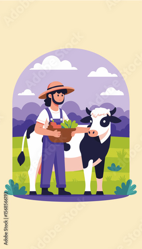 Happy male farmer interacting with a cow while holding a basket of fresh produce, colorful barnyard background, farming and sustainable agriculture concept.