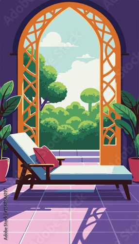 Stylish lounge chair relaxing in a vibrant room with open gold lattice walls, lush garden view, modern design concept of relaxation and comfort.