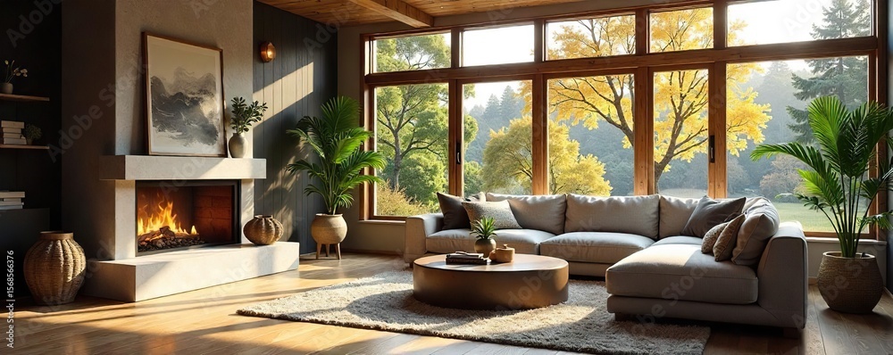 Fototapeta premium Bright, Cozy Living Room with Fireplace Perfect for Relaxation and Family Time